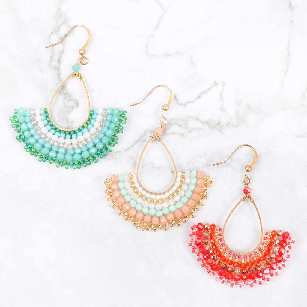 BOHEMIAN TEARDROP FAN MIX BEADS FISH HOOK EARRINGS