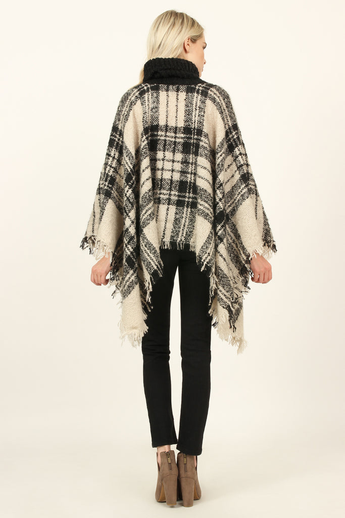 Turtleneck Plaid Tassel Hem Poncho