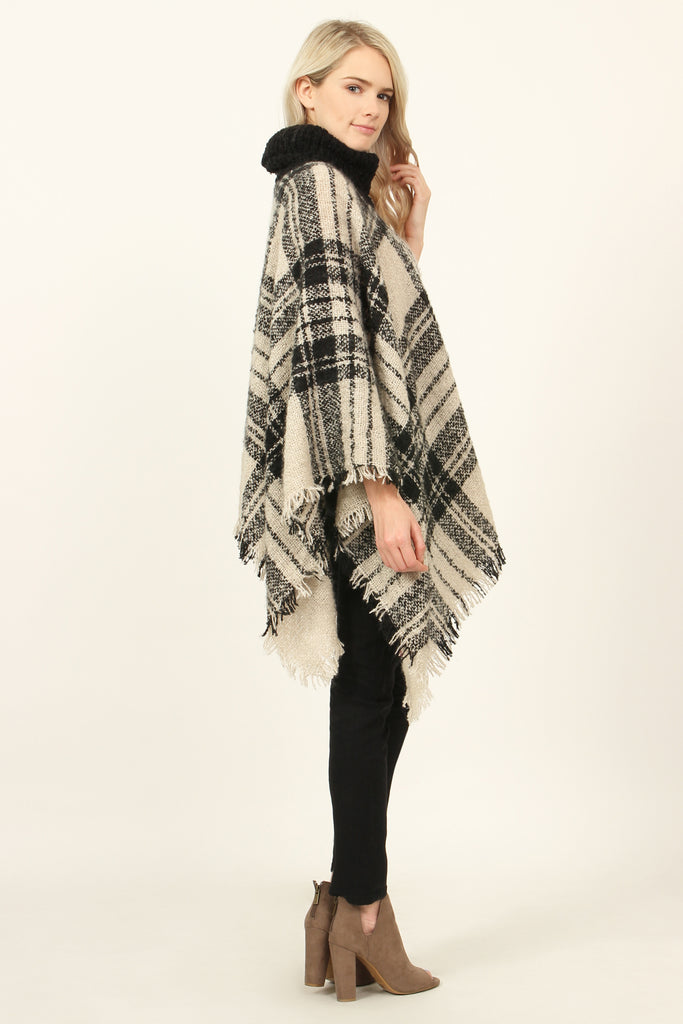 Turtleneck Plaid Tassel Hem Poncho