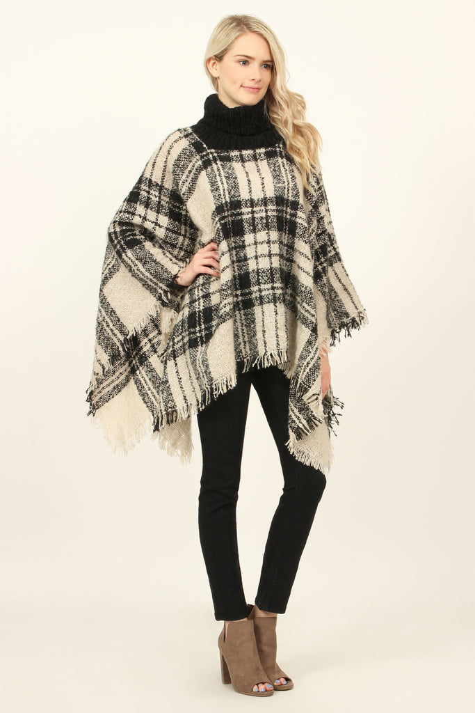 Turtleneck Plaid Tassel Hem Poncho