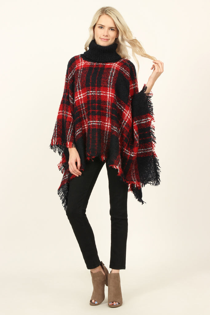 Turtleneck Plaid Tassel Hem Poncho