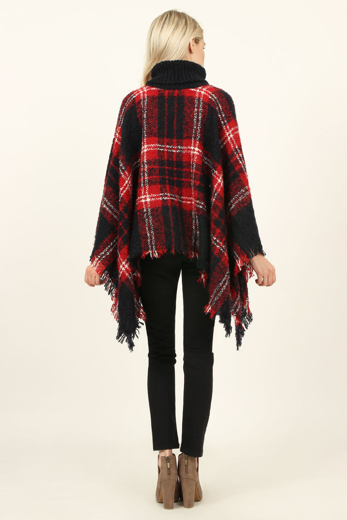 Turtleneck Plaid Tassel Hem Poncho