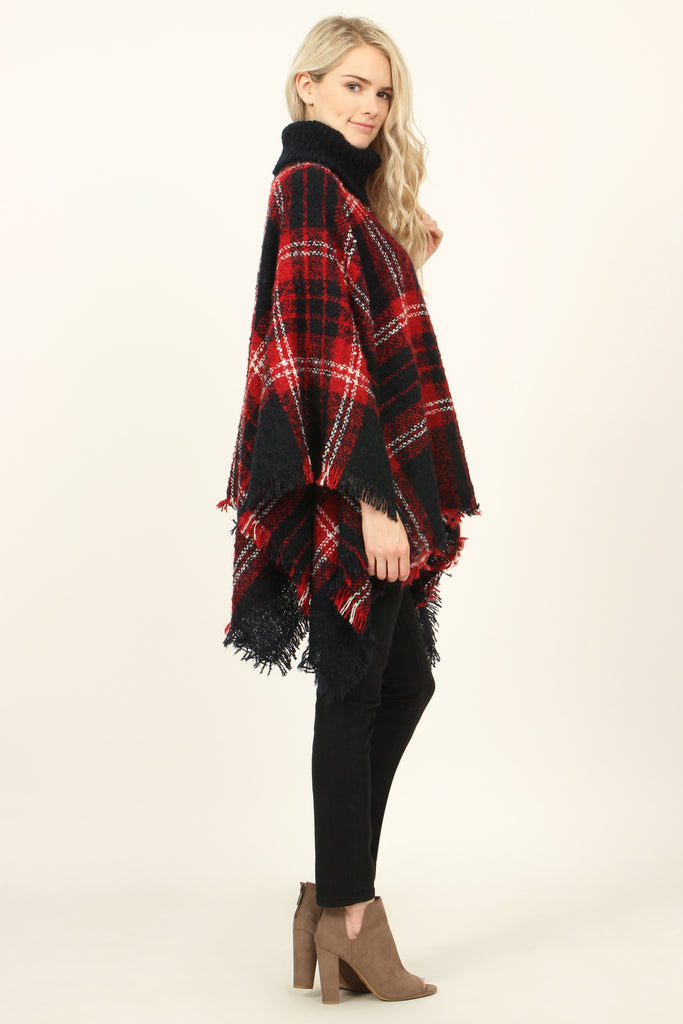 Turtleneck Plaid Tassel Hem Poncho