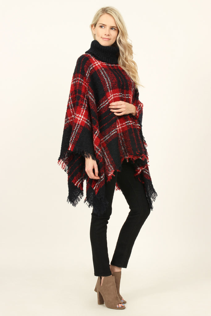 Turtleneck Plaid Tassel Hem Poncho