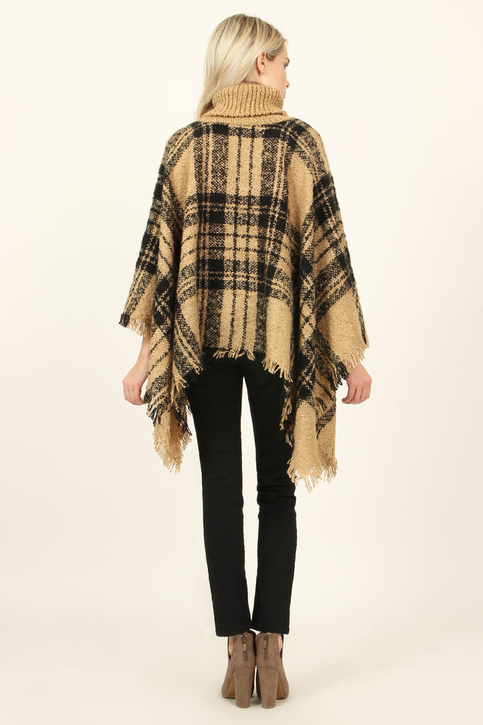 Turtleneck Plaid Tassel Hem Poncho