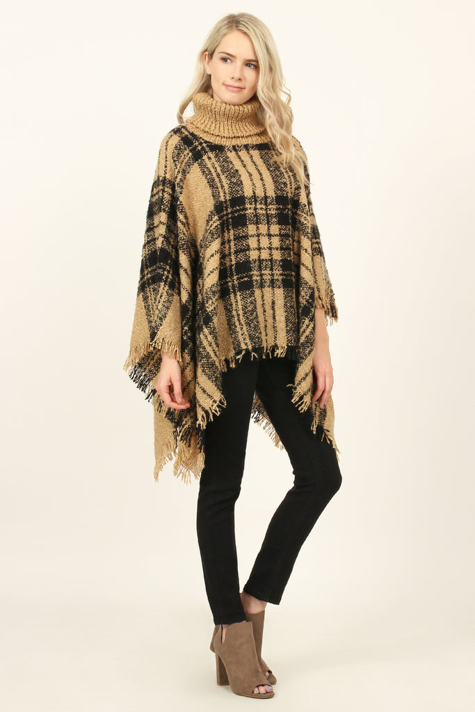 Turtleneck Plaid Tassel Hem Poncho