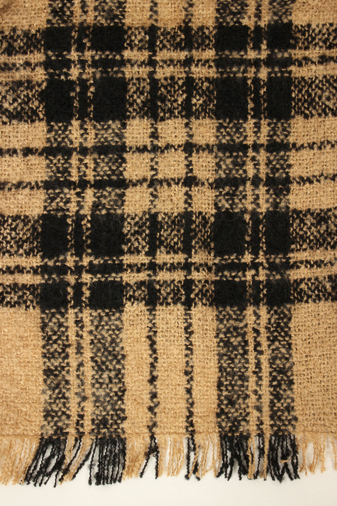 Turtleneck Plaid Tassel Hem Poncho