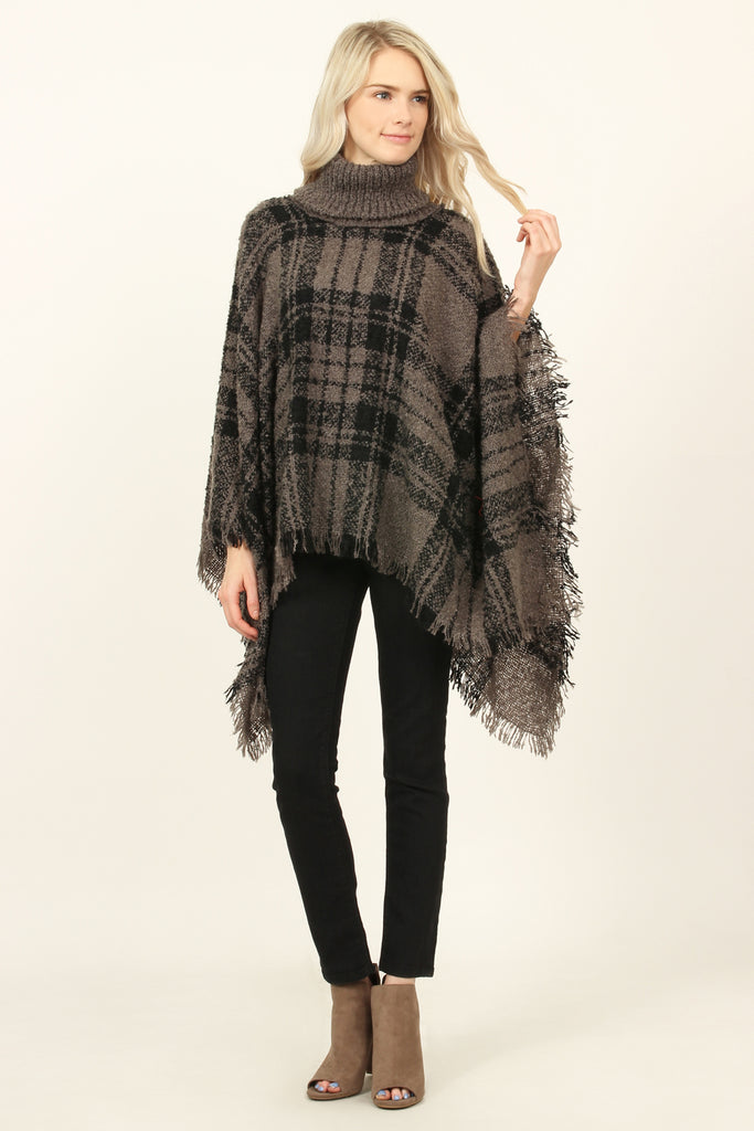 Turtleneck Plaid Tassel Hem Poncho