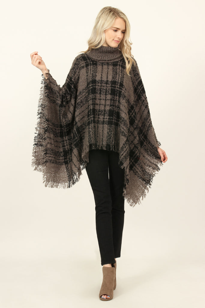 Turtleneck Plaid Tassel Hem Poncho