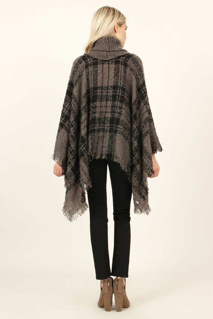 Turtleneck Plaid Tassel Hem Poncho
