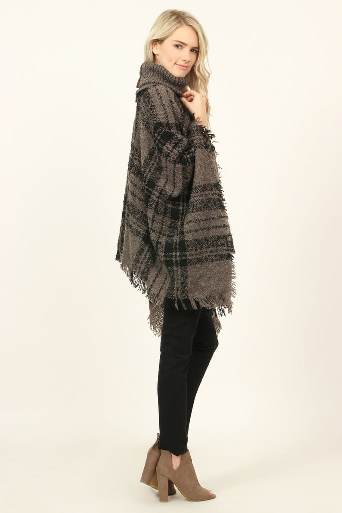 Turtleneck Plaid Tassel Hem Poncho