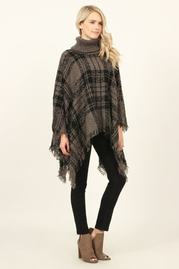Turtleneck Plaid Tassel Hem Poncho