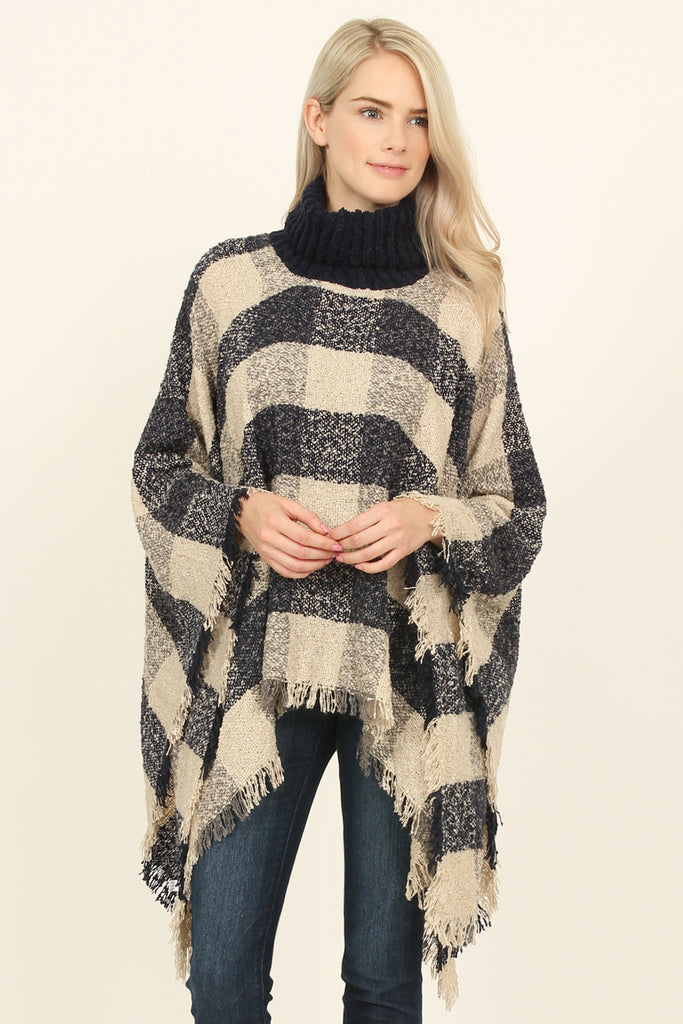 Turtle Neck Plaid Sweater Poncho