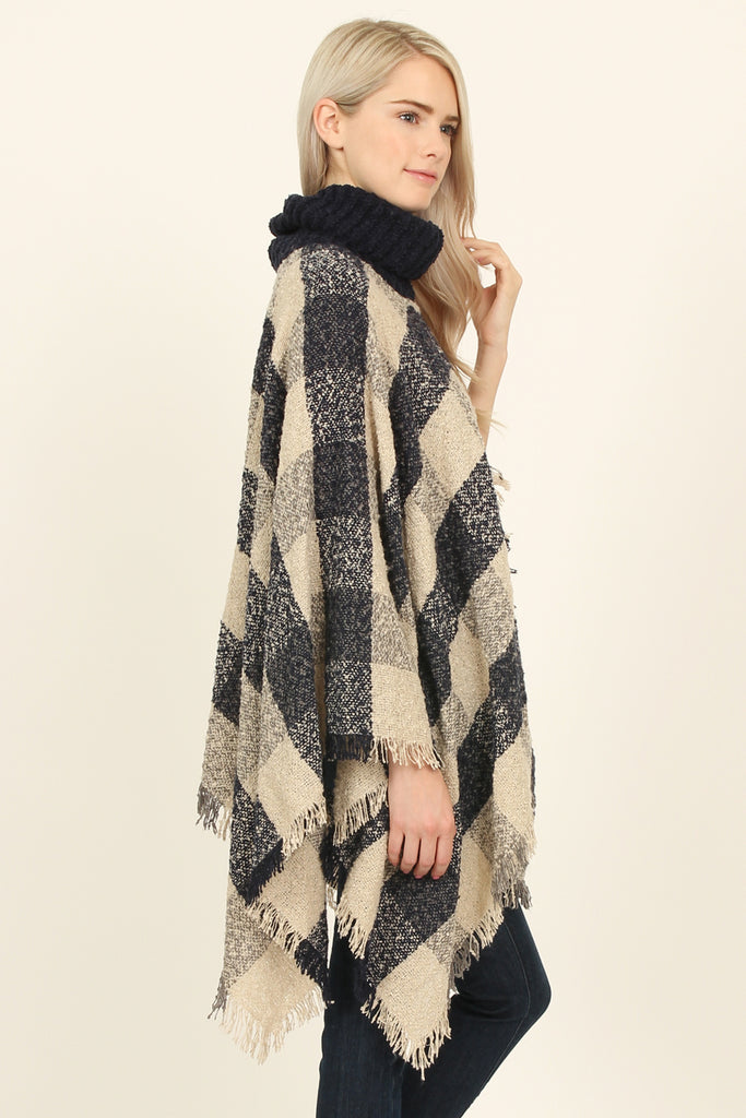 Turtle Neck Plaid Sweater Poncho