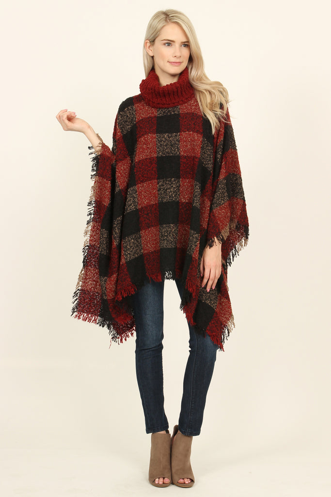 Turtle Neck Plaid Sweater Poncho