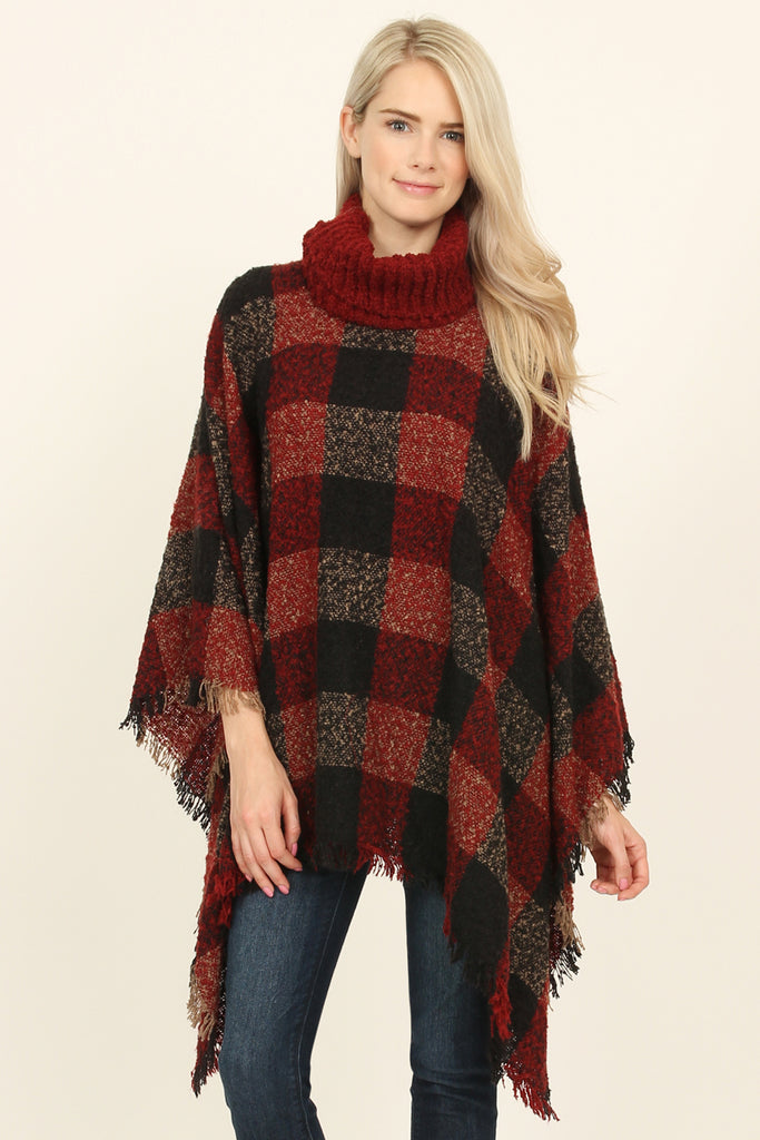 Turtle Neck Plaid Sweater Poncho