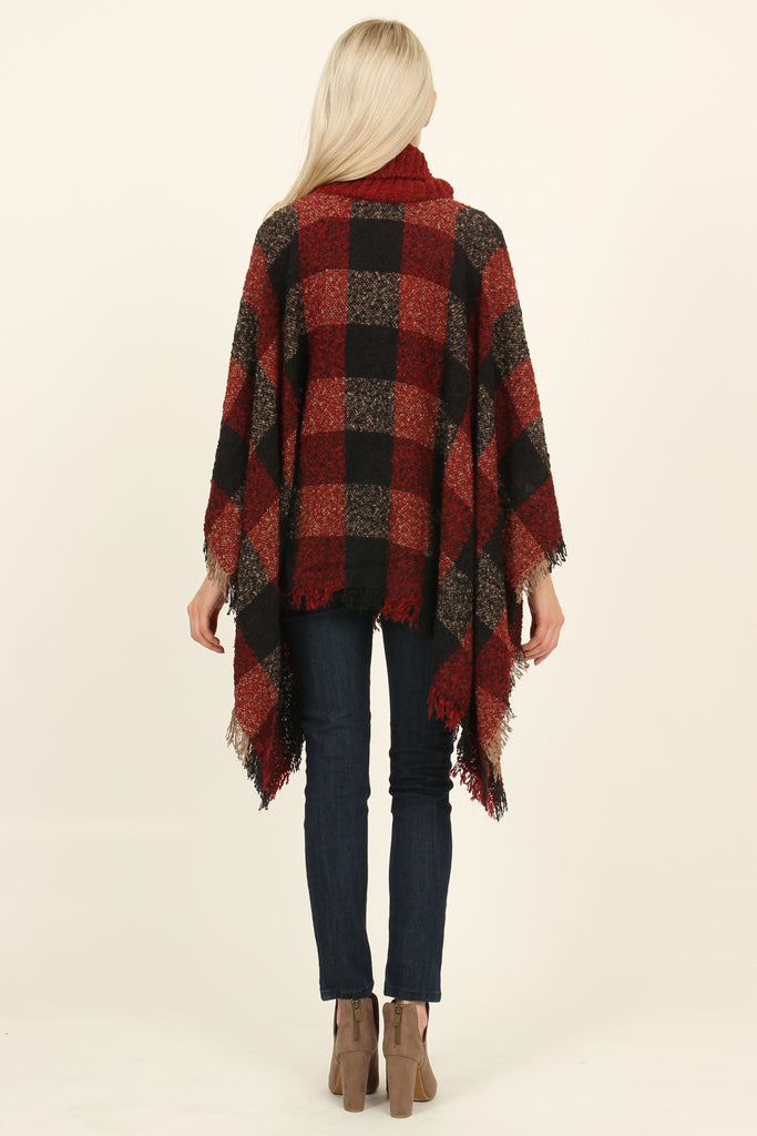 Turtle Neck Plaid Sweater Poncho