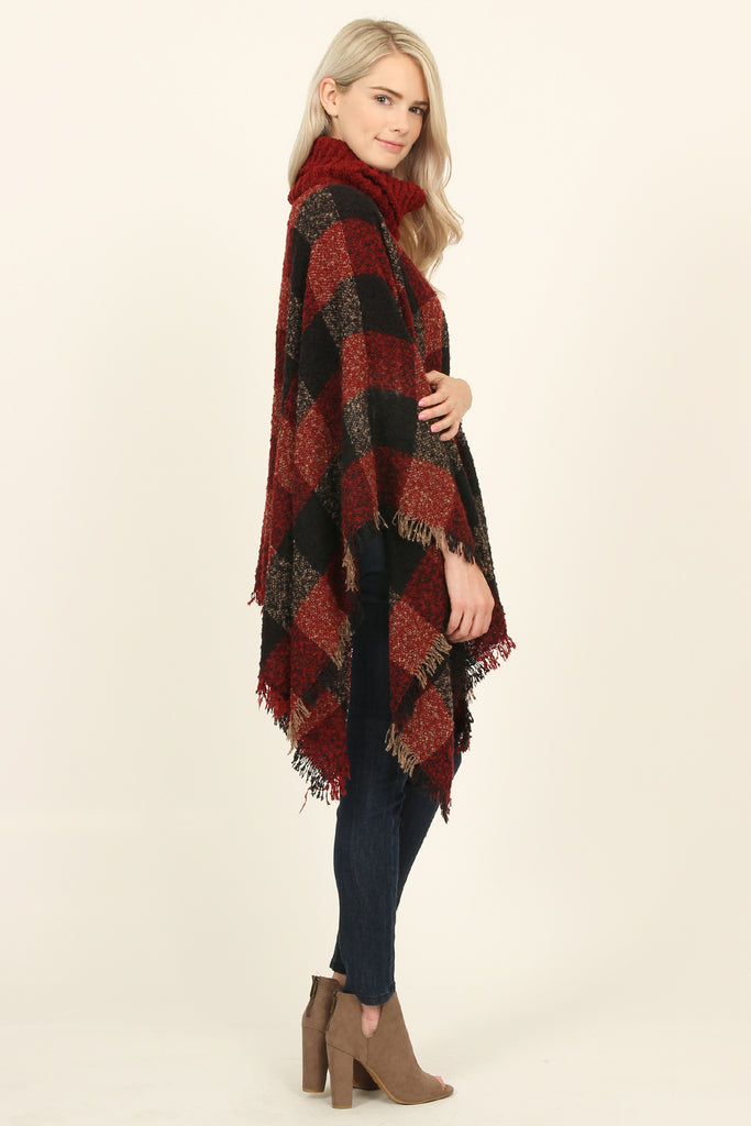 Turtle Neck Plaid Sweater Poncho