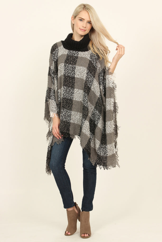 Turtle Neck Plaid Sweater Poncho