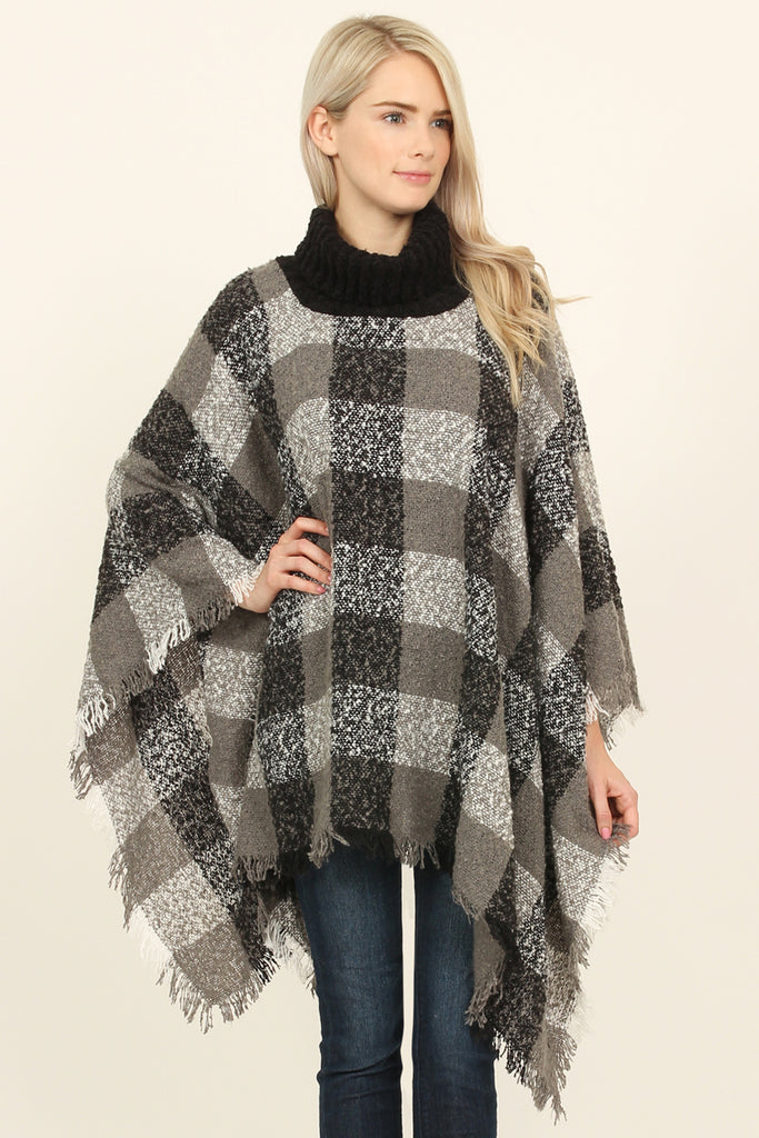 Turtle Neck Plaid Sweater Poncho