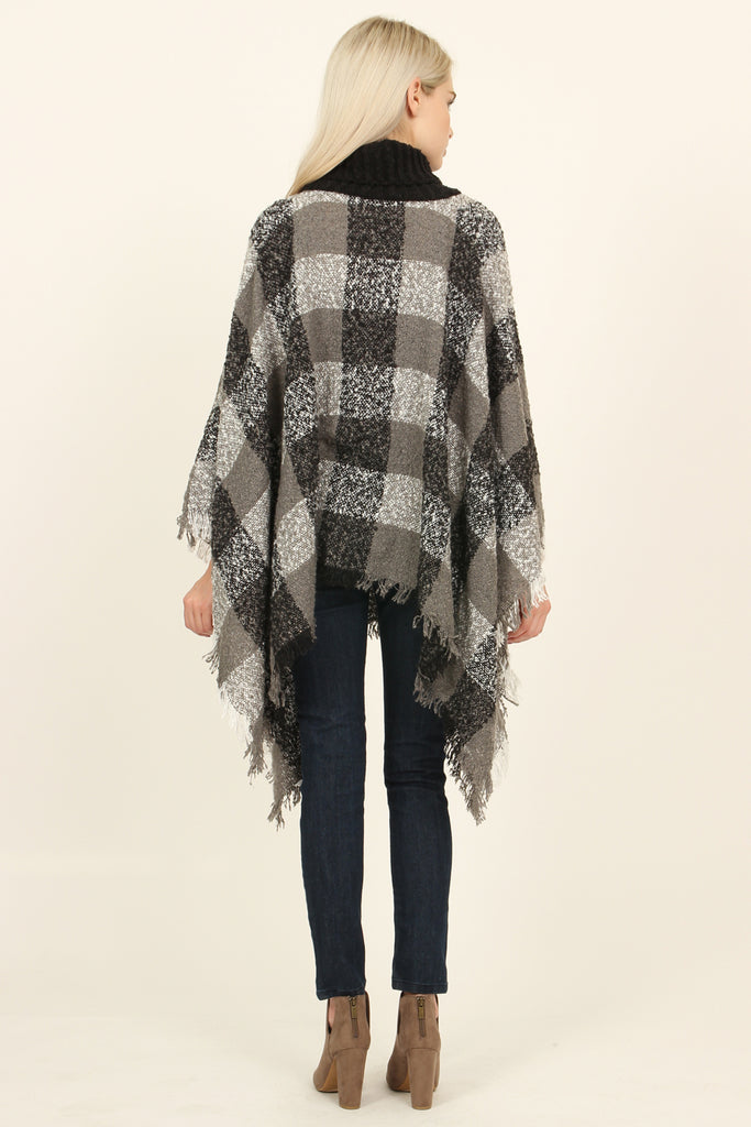 Turtle Neck Plaid Sweater Poncho