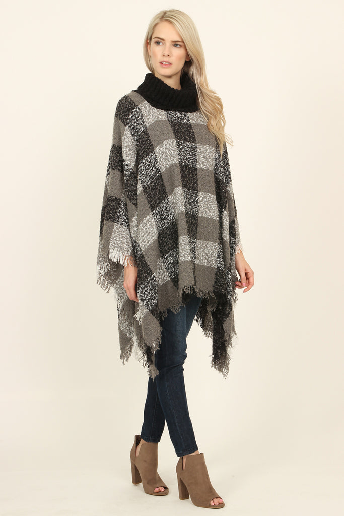 Turtle Neck Plaid Sweater Poncho