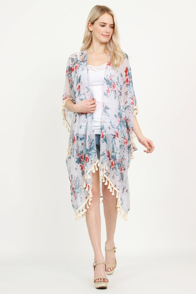 Sheer Tassel Floral Cardigan