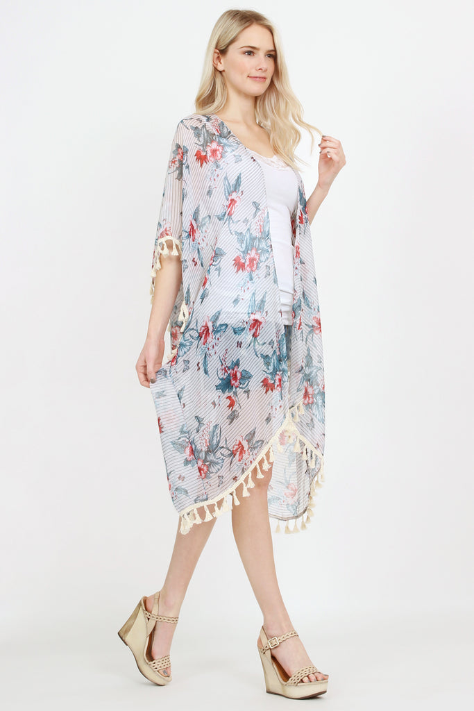 Sheer Tassel Floral Cardigan