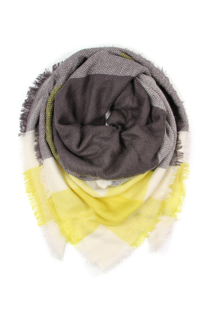 DARK GRAY YELLOW BLANKET FRINGED SCARF