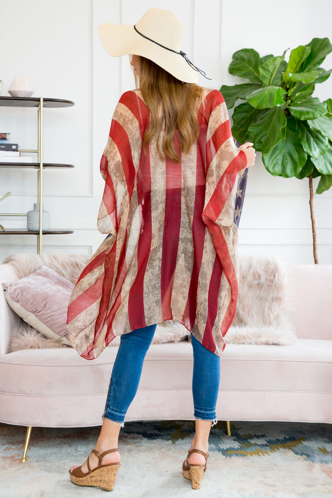 HDF2219 - RED STRIPED STARS OPEN FRONT SCARF CARDIGAN