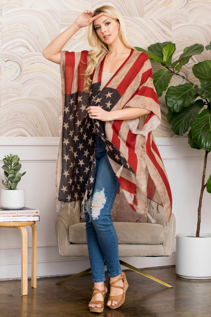 HDF2658 - VINTAGE AMERICAN FLAG STYLE OPEN FRONT TASSEL KIMONO