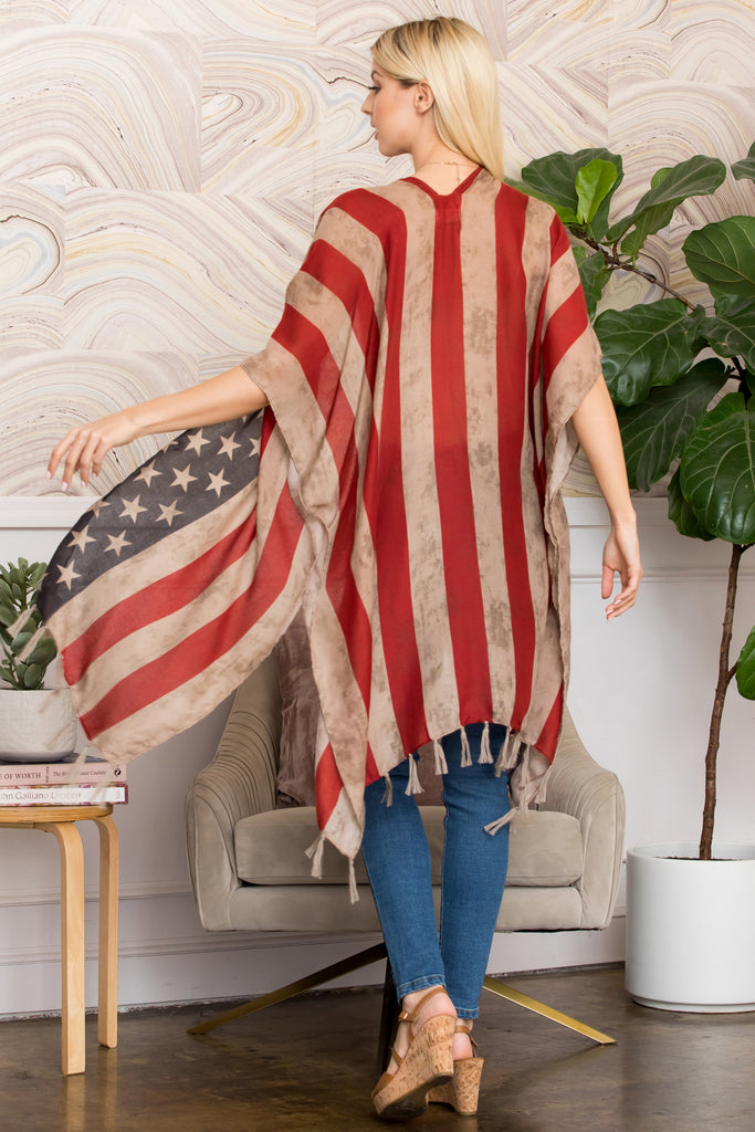 HDF2658 - VINTAGE AMERICAN FLAG STYLE OPEN FRONT TASSEL KIMONO