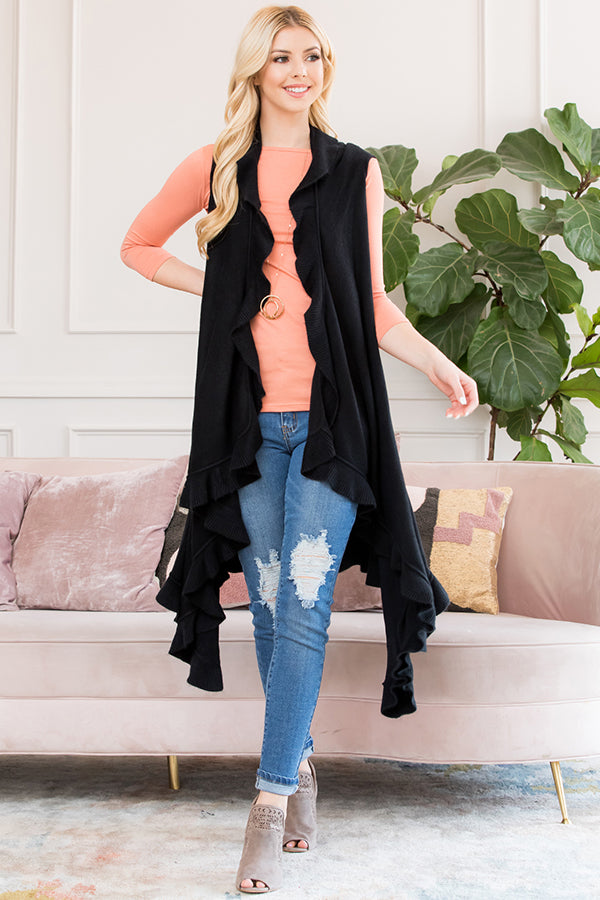 OPEN RUFFLED SLEEVELESS KIMONO CARDIGAN