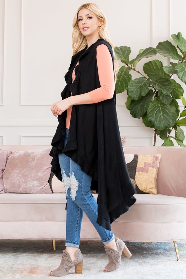 OPEN RUFFLED SLEEVELESS KIMONO CARDIGAN