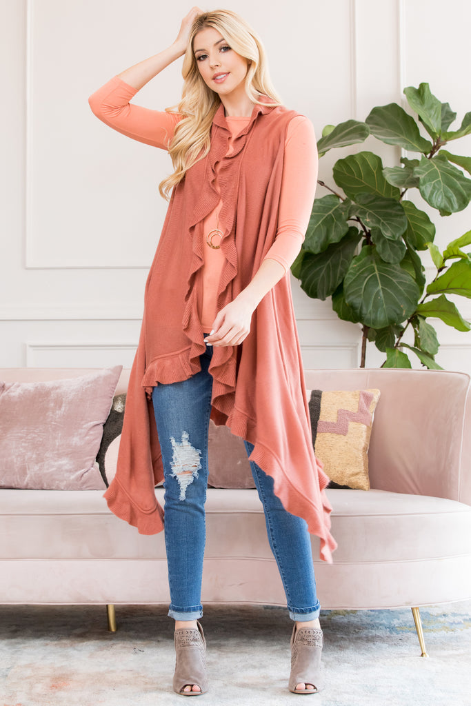 OPEN RUFFLED SLEEVELESS KIMONO CARDIGAN