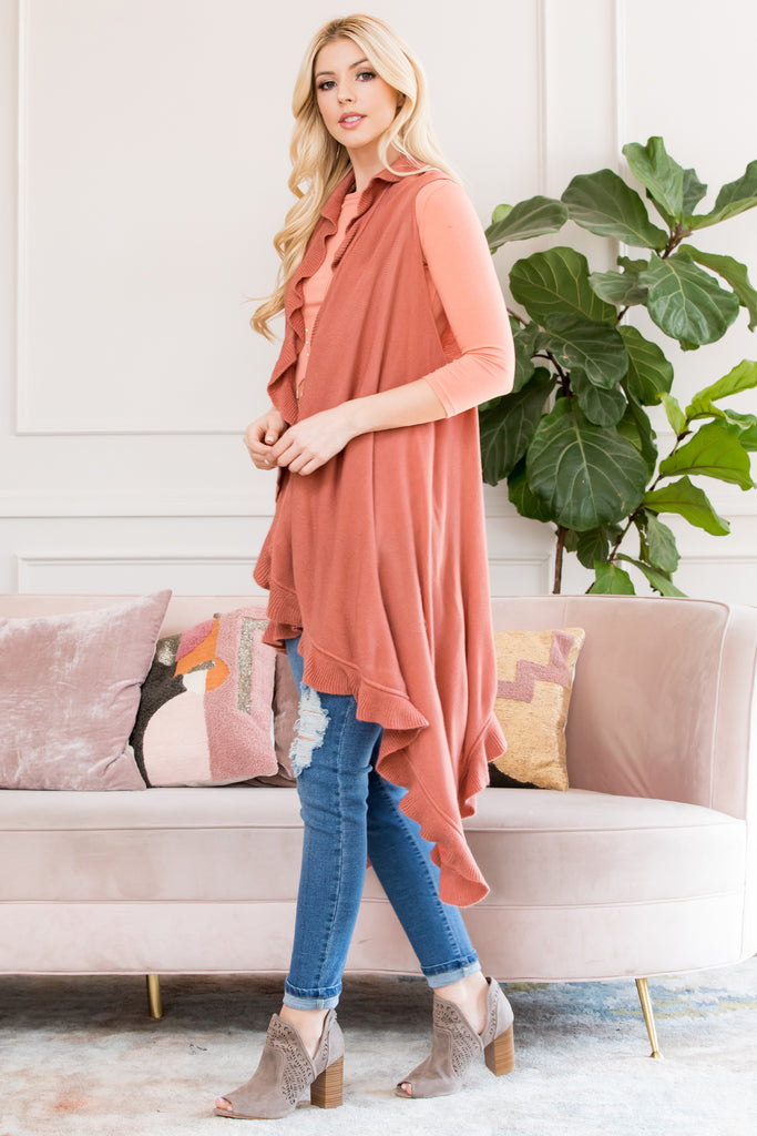 OPEN RUFFLED SLEEVELESS KIMONO CARDIGAN