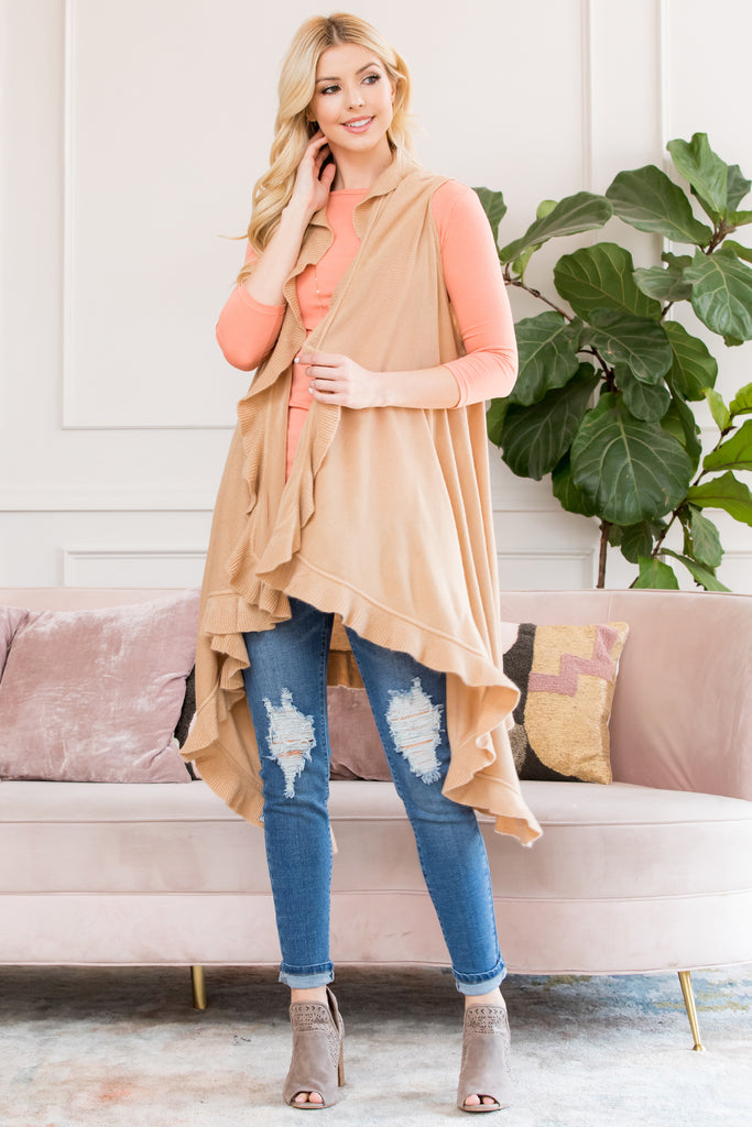 OPEN RUFFLED SLEEVELESS KIMONO CARDIGAN