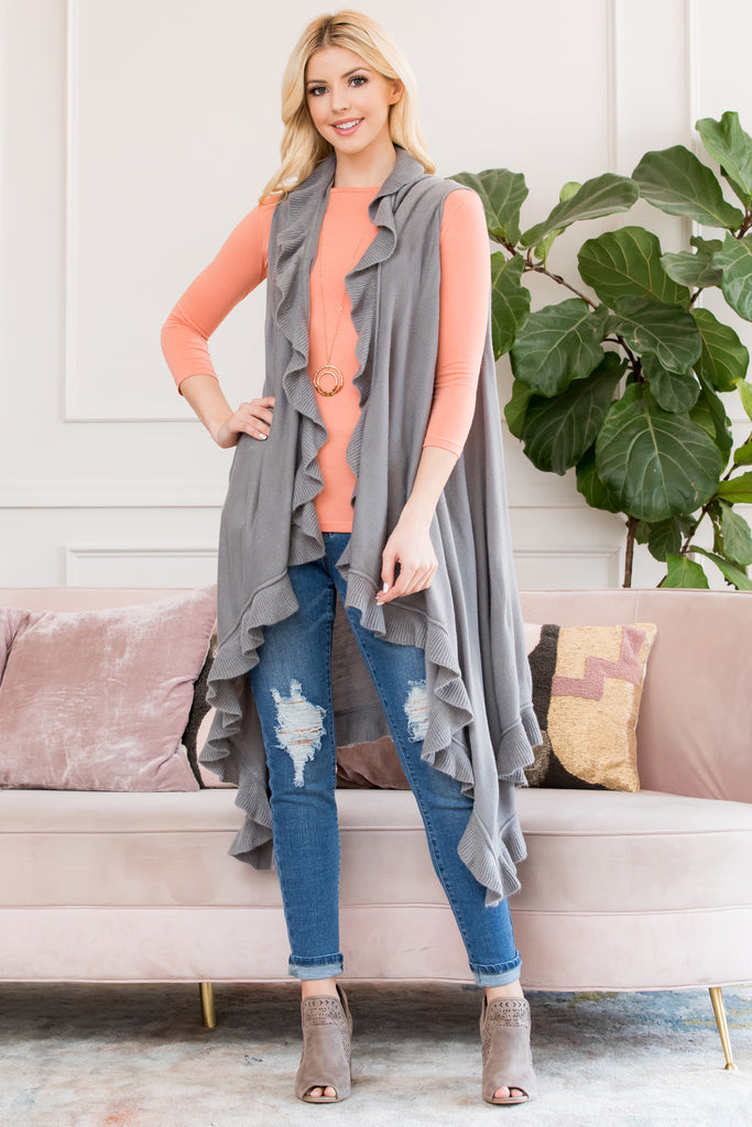 OPEN RUFFLED SLEEVELESS KIMONO CARDIGAN