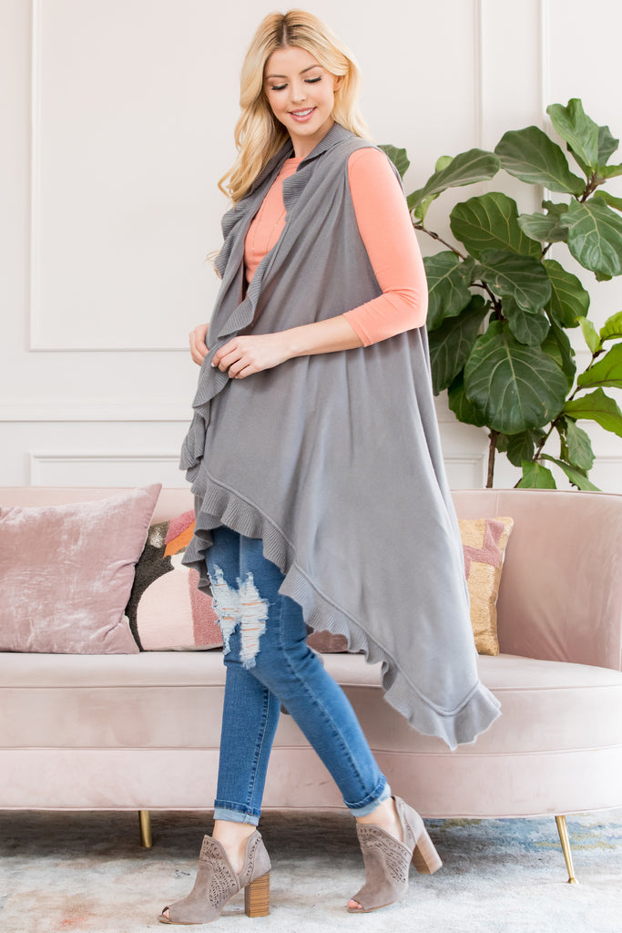 OPEN RUFFLED SLEEVELESS KIMONO CARDIGAN