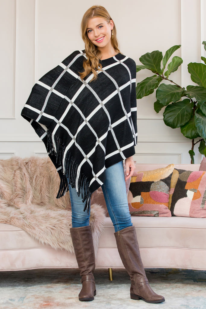 HDF3010BK - BLACK GRID LINES FRINGED PONCHO