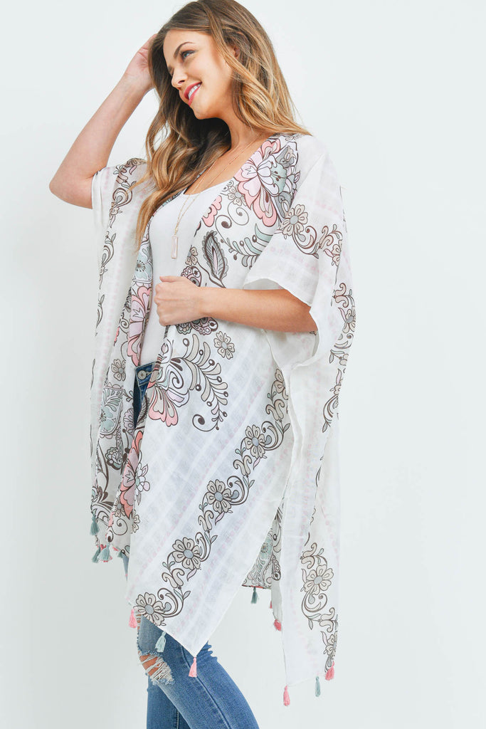 HDF3371 - FLORAL PRINT OPEN FRONT TASSEL KIMONO