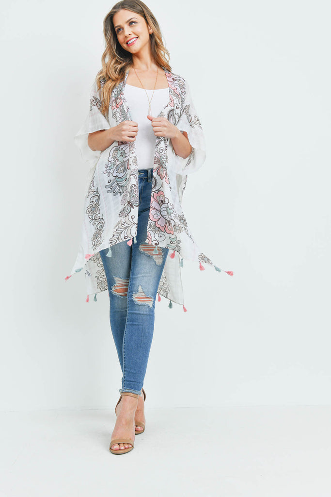 HDF3371 - FLORAL PRINT OPEN FRONT TASSEL KIMONO