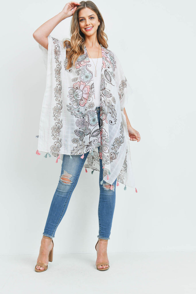 HDF3371 - FLORAL PRINT OPEN FRONT TASSEL KIMONO