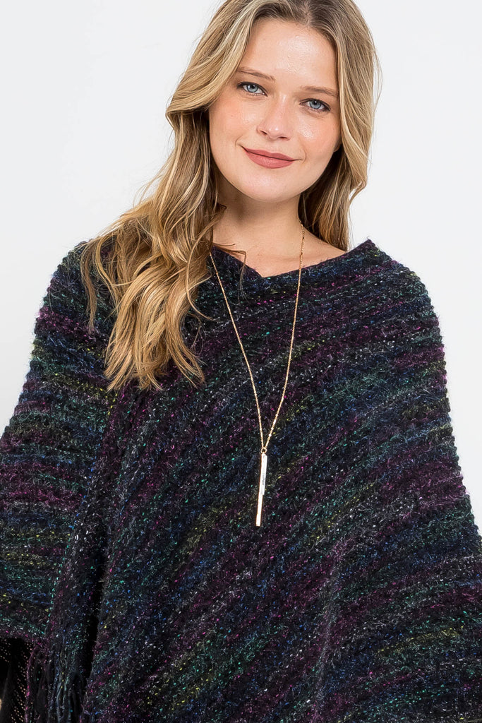 HDF3461 - KNITTED FRINGE STRIPE MULTI PONCHO