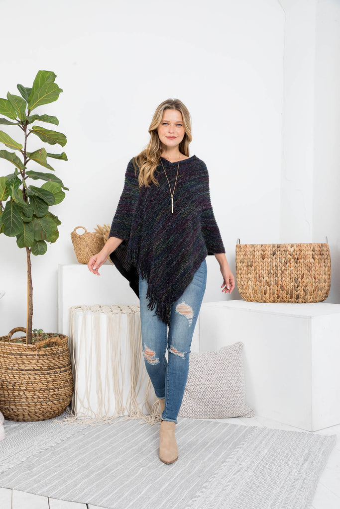 HDF3461 - KNITTED FRINGE STRIPE MULTI PONCHO