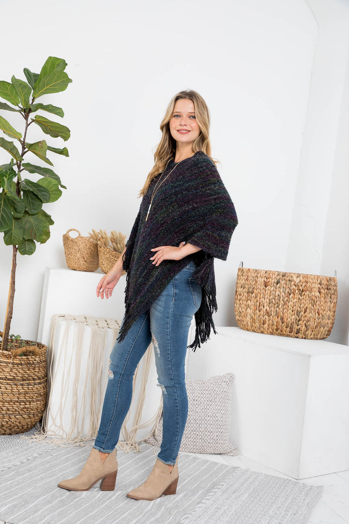HDF3461 - KNITTED FRINGE STRIPE MULTI PONCHO