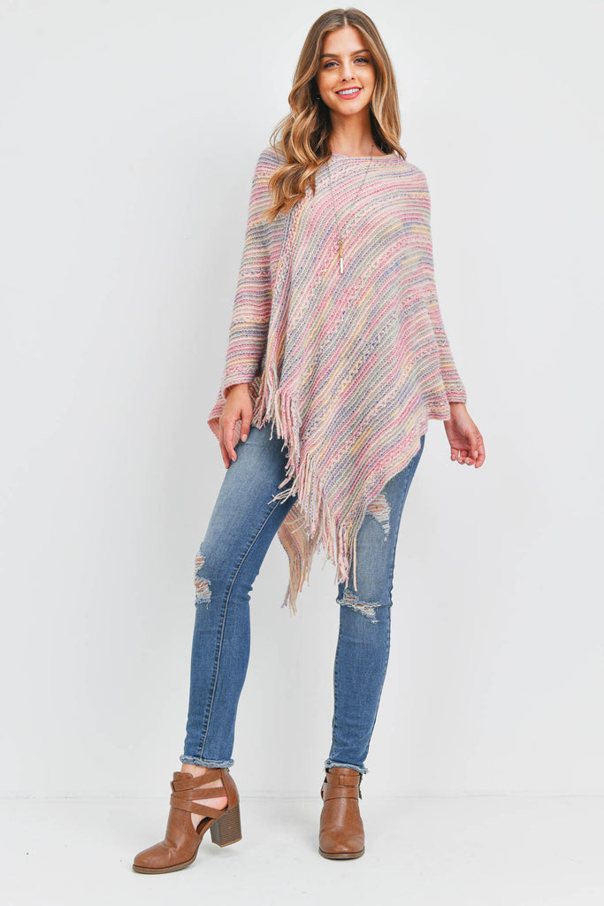 HDF3461 - KNITTED FRINGE STRIPE MULTI PONCHO