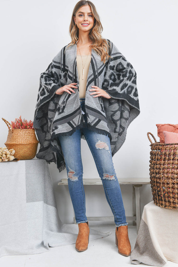 OPEN FRONT LEOPARD LINE PATTERN FRINGE RUANA WRAP KIMONO