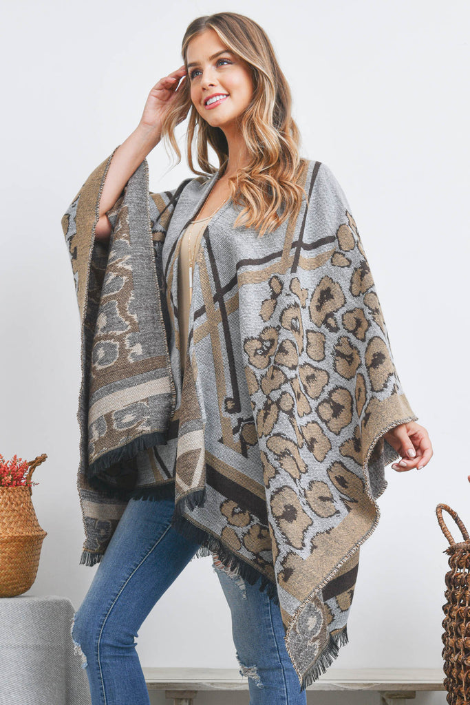 OPEN FRONT LEOPARD LINE PATTERN FRINGE RUANA WRAP KIMONO