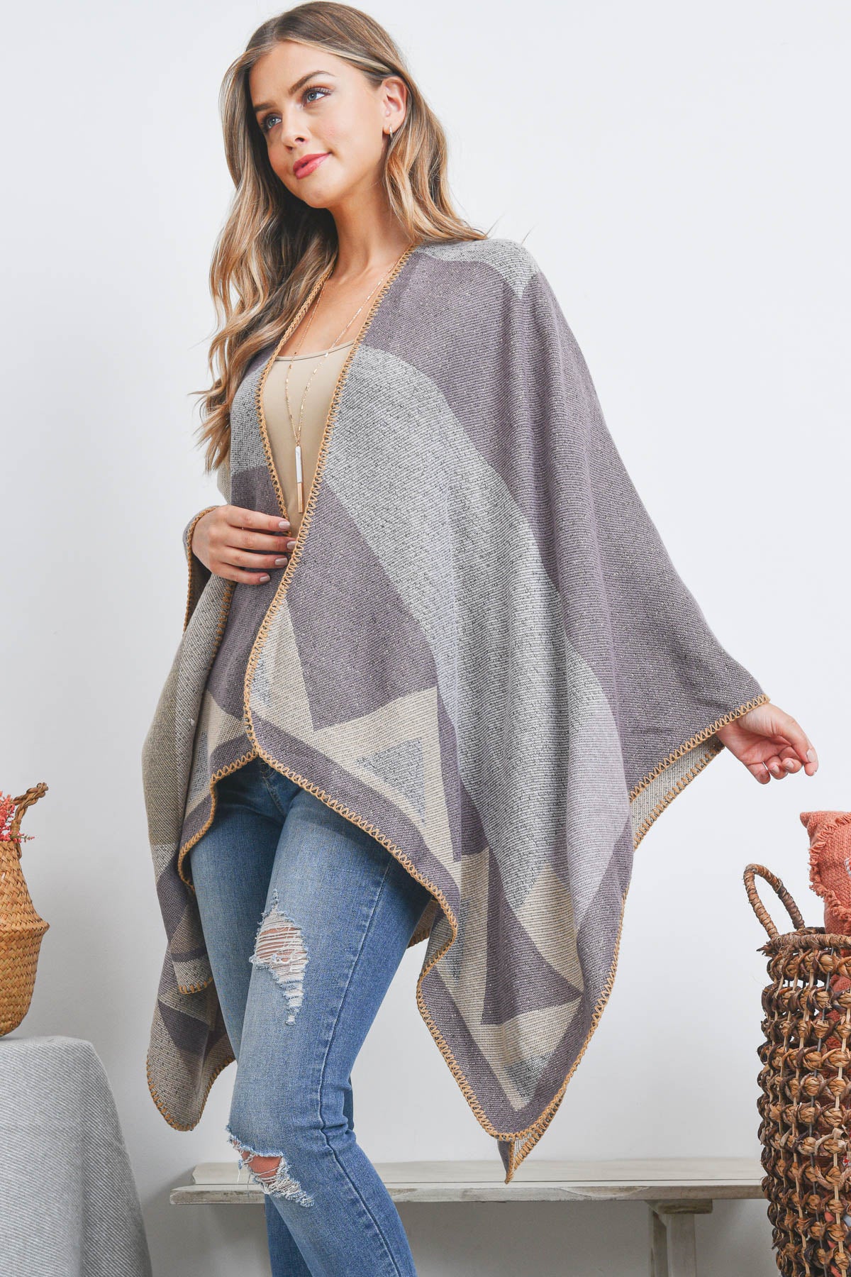 OPEN FRONT GEOMETRIC SHAPE PRINT RUANA WRAP KIMONO – Riah Fashion